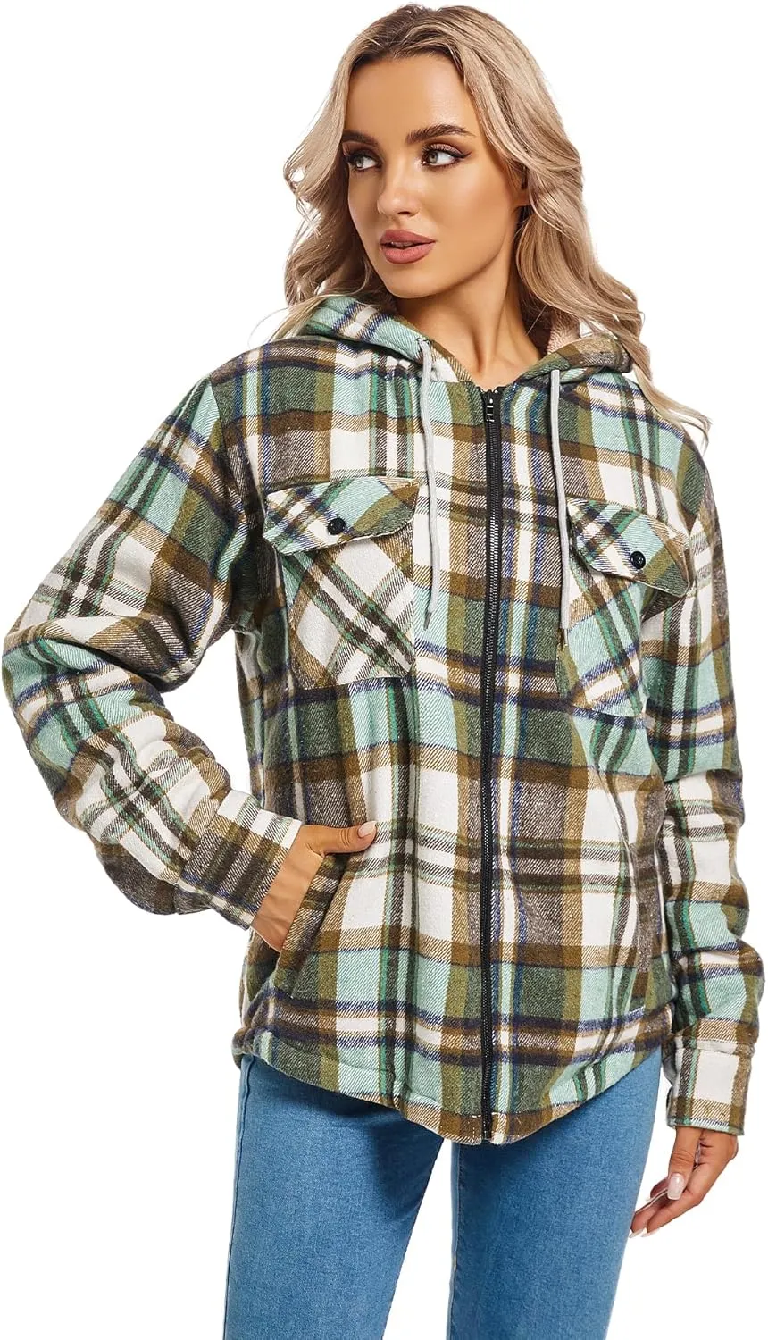 Women's Full Zip Fleece Flannel Jacket Plaid Sherpa Lined Jacket for Women