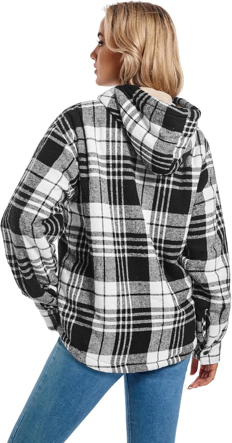 Women's Full Zip Fleece Flannel Jacket Plaid Sherpa Lined Jacket for Women