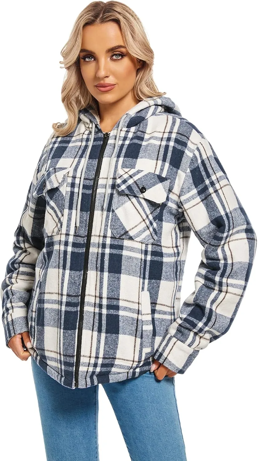 Women's Full Zip Fleece Flannel Jacket Plaid Sherpa Lined Jacket for Women