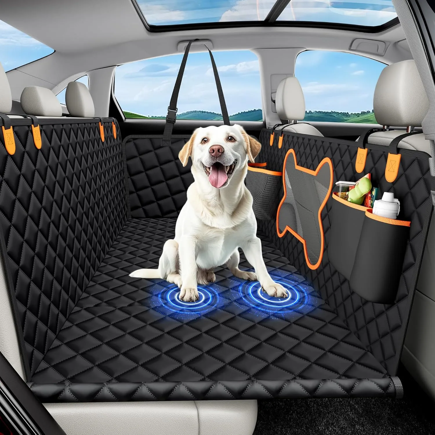 XL Dog Car Seat Cover for Back Seat,Hard Bottom Backseat Extender,45% Larger Space Dog Bed, 100% Waterproof Pet Seat Protector with Mesh Window, 3 Loading Boards, Car Hammock for Small Truck SUV