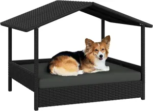 Yaheetech Wicker Dog House Outdoor Indoor with Canopy, Elevated Dog Shelter Dog Bed with Cushion for Small/Medium Dogs, Shade for Deck, Patio, Yard, Pool, Black House, Gray Cushion