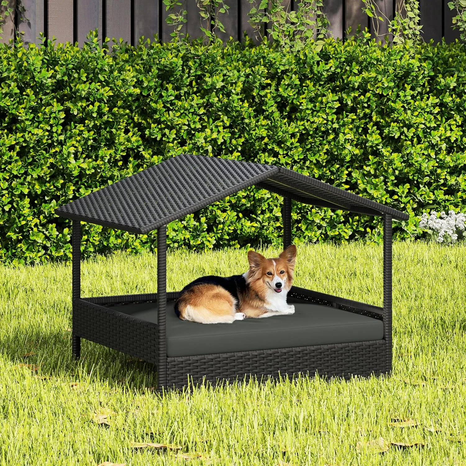 Yaheetech Wicker Dog House Outdoor Indoor with Canopy, Elevated Dog Shelter Dog Bed with Cushion for Small/Medium Dogs, Shade for Deck, Patio, Yard, Pool, Black House, Gray Cushion